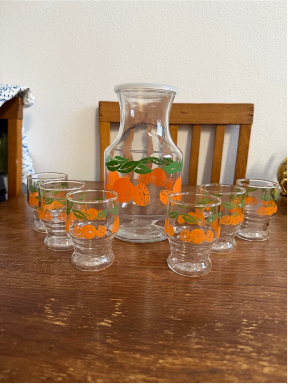 Vintage Orange Juice Pitcher & 6 Glasses Set Citrus Orange Fruit Graphics Lid MC